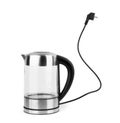 Glass transparent kettle on white kitchen table. Closeup. Nobody Royalty Free Stock Photo