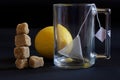 A glass transparent mug with a pyramid tea bag, fresh yellow lemon and a tower of brown cane unrefined sugar cubes. Dark Royalty Free Stock Photo