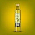 Glass transparent olive oil bottle mockup isolated. Green olive oil package design. Vector 3d illustration