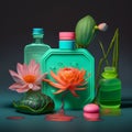 A glass tray with a flower and some medicine bottles on it