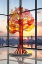 glass tree as decoration in modern interior with panoramic windows with sunset city view Royalty Free Stock Photo