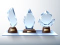 Glass trophies. Modern design crystal awards, glass wall shelf, realistic diamonds figurines, victory prize symbols