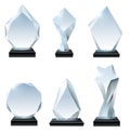 Glass trophy award. Acrylic awards, crystal shape trophies and winner award glassy board transparent realistic vector