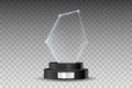 Glass trophy award. Shiny glass form on a black stand with shiny silver plate. Vector illustration of shiny award