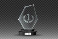 Glass trophy award. Shiny glass form on a black stand with shiny silver plate with copy space. Vector illustration of shiny award