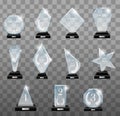 Glass trophy awards set. Glass trophies plaque engraved crystal award realistic. Vector isolated image fogged crystal award Royalty Free Stock Photo
