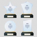 Glass trophy plaque awards vector set. Glossy transparent prizes.