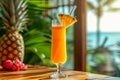 Glass with tropical non-alcoholic cocktail with pineapple juice. AI generated. Royalty Free Stock Photo