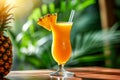 Glass with tropical non-alcoholic cocktail with pineapple juice. AI generated. Royalty Free Stock Photo