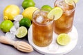 Glass of Tsasty Ice Tea with Ice Cubes and Citrus Cold Summ er Beverage Wooden Squeezer and Raw Lemons and Limes on Background