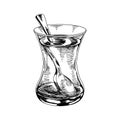 Glass of Turkish tea with a teaspoon, retro hand drawn vector illustration.