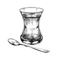 Glass of Turkish tea with a teaspoon, retro hand drawn vector illustration.