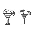 Glass with umbrella and slice of lemon line and solid icon, drinks concept, fresh cocktail drink with umbrella and Royalty Free Stock Photo