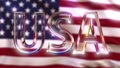 Rotating glass USA caption against waving American flag. 3D rendering