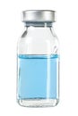 Glass vaccine drug vial filled with blue liquid. Isolated