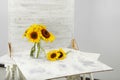 Glass vase with beautiful sunflowers and double-sided backdrop on table in photo studio Royalty Free Stock Photo