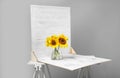 Glass vase with beautiful sunflowers and double-sided backdrop on table in photo studio Royalty Free Stock Photo