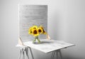 Glass vase with beautiful sunflowers and double-sided backdrop on table in photo studio Royalty Free Stock Photo