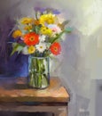Glass vase with bouquet gerbera flowersl painting