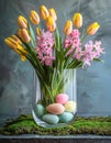 Happy Easter. Tulips and Easter Eggs Vase Display Royalty Free Stock Photo