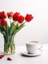 Glass vase with bouquet of red tulips and cup of cappuccino.