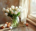 Happy Easter. Tulips and Easter Eggs Vase Display Royalty Free Stock Photo