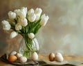 Happy Easter. Tulips and Easter Eggs Vase Display Royalty Free Stock Photo