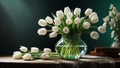 Glass vase containing a bouquet of splendid white tulips