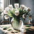 Glass vase containing a bouquet of splendid white tulips