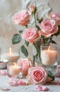 a glass vase is filled with pink roses and several candles Royalty Free Stock Photo