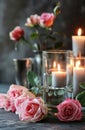 a glass vase is filled with pink roses and several candles Royalty Free Stock Photo