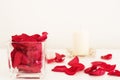 Glass vase filled with red rose petals, white aromatic vanilla candle. White background. Aromatherapy concept.