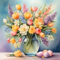 A glass vase filled with a vibrant bouquet of spring flowers, including delicate freesia and wildflowers Royalty Free Stock Photo