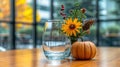 A glass vase with a flower and pumpkin on top of table, AI Royalty Free Stock Photo