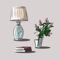 Glass vase with flower and vintage table lamp with lampshade, stack of books. Interior Design. Isolated vector Royalty Free Stock Photo