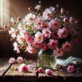 Bouquet of pink roses in a glass vase on a wooden table, generative ai Royalty Free Stock Photo