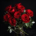 A Glass Vase with Nine Crimson Red Roses - generative AI, AI generated Royalty Free Stock Photo