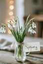 Glass vase with snowdrops and a Spring tag against bokeh light background. Spring postcard with place for text