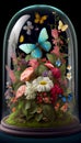 Glass vase with wild flowers and butterflies isolated on black background. Generative AI Royalty Free Stock Photo