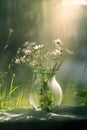 Glass Vase with wildflowers, daisies in sunlight on the window. Royalty Free Stock Photo