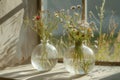 Glass Vase with wildflowers, daisies in sunlight on the window. Royalty Free Stock Photo