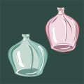 Glass vases, bottles, pink and green glass. Interior design, items for interior decoration. Isolated vector