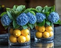 Glass vases hold vibrant blue hydrangeas and fresh lemons, citrus freshness creating fresh, bright, and creative kitchen Royalty Free Stock Photo