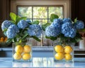 Glass vases hold vibrant blue hydrangeas and fresh lemons, citrus freshness creating fresh, bright, and creative kitchen Royalty Free Stock Photo