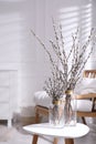 Glass vases with pussy willow branches on table near armchair in room Royalty Free Stock Photo