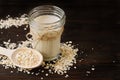 Glass of vegan oat milk and Oat on a table, space for text