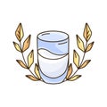 Glass of vegetable milk with two springs of rice, oat or wheat. Color hand drawn emblem for natural farm dairy products. Doodle Royalty Free Stock Photo