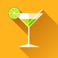 Glass for vermouth icon in flat style, wineglass on color background. Alcohol cocktail with lime and straw. Vector design elements Royalty Free Stock Photo