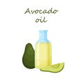 Glass vial with healthy cooking oil and avocado.