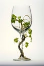 Glass with vine growing inside of it on table. Generative AI Royalty Free Stock Photo